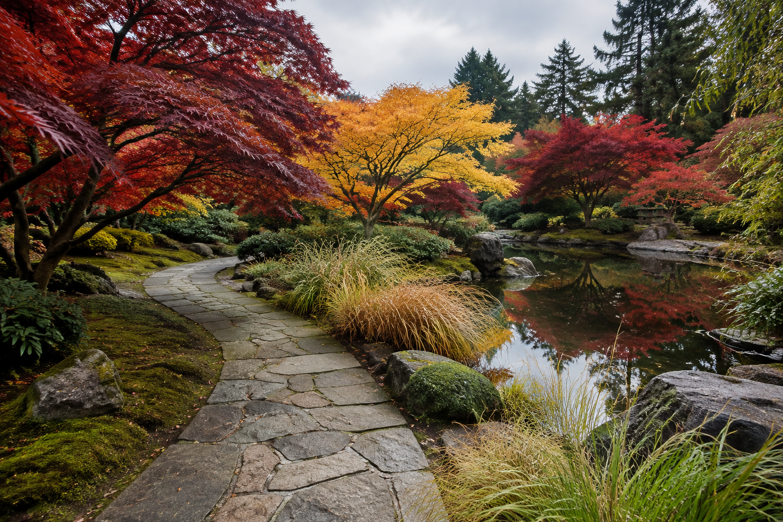 Stone path through a botanical garden with crimson Japanese maples and a pond