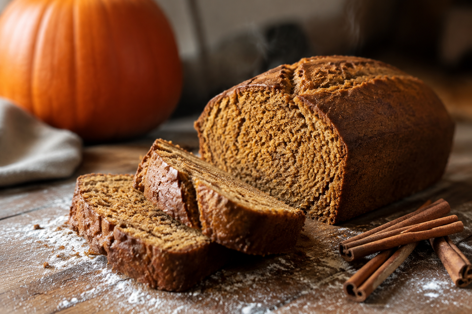Freshly baked pumpkin bread sliced on a floured rustic wooden counter