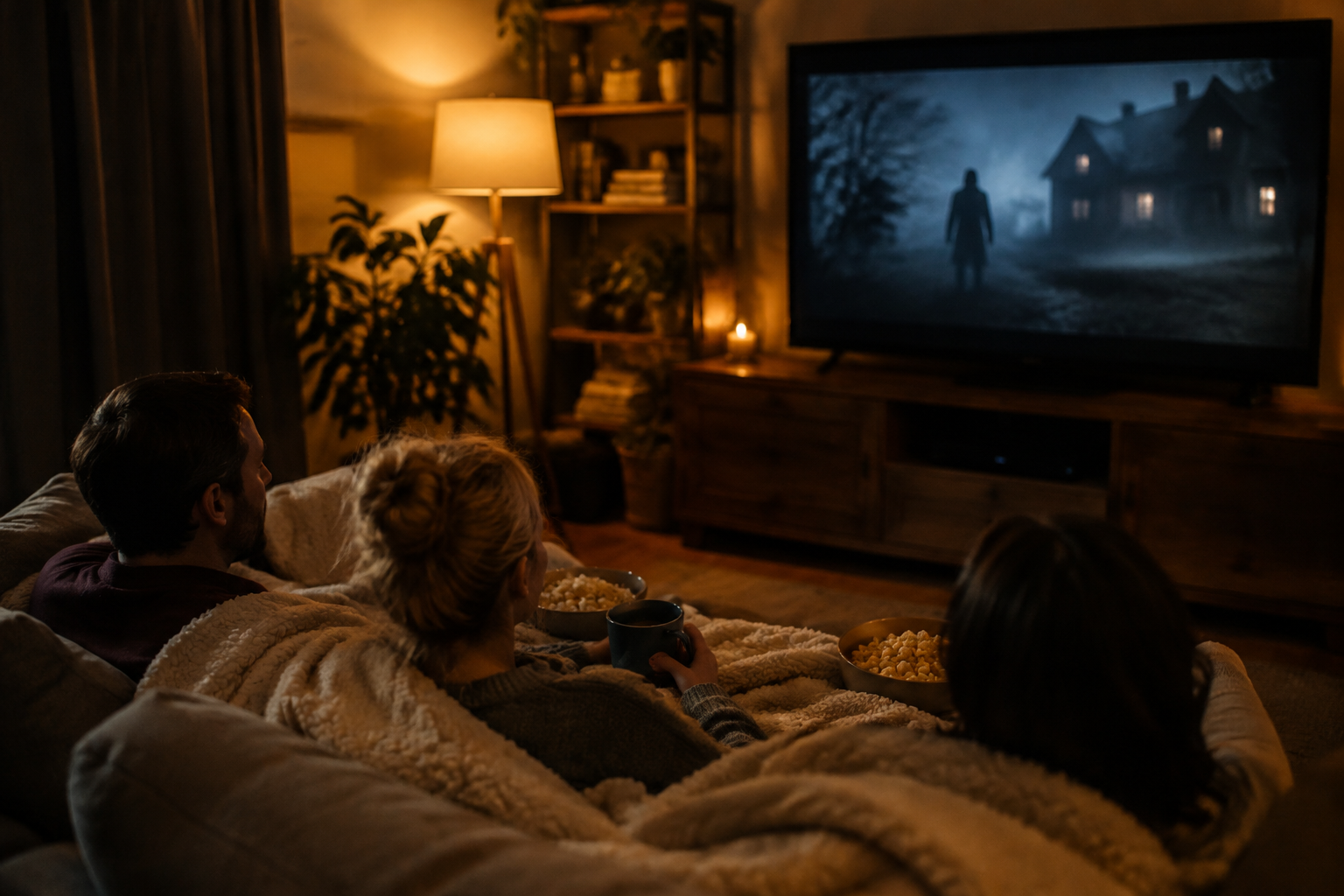 Cozy living room movie night with blankets, popcorn and warm lamp light