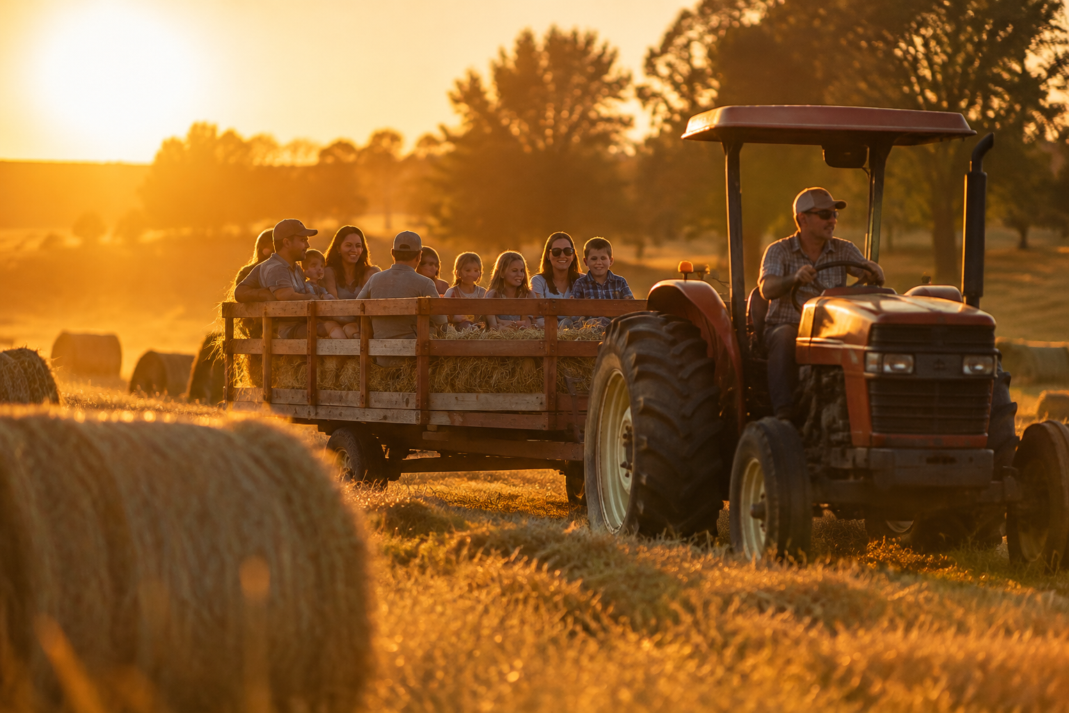 Tractor pulling a hay wagon full of families across a golden autumn field