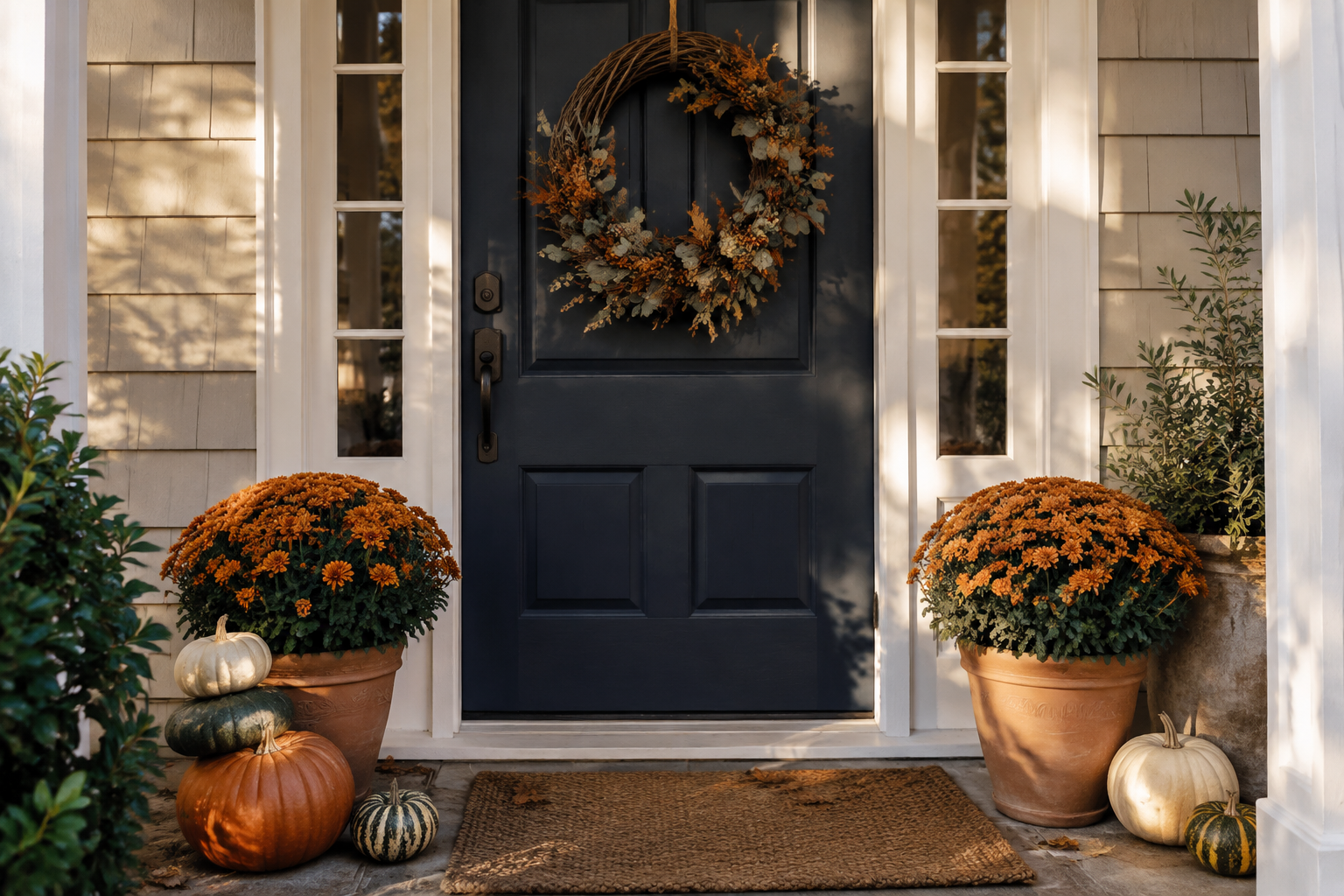 Fall front porch with pots of orange chrysanthemums and stacked heirloom pumpkins