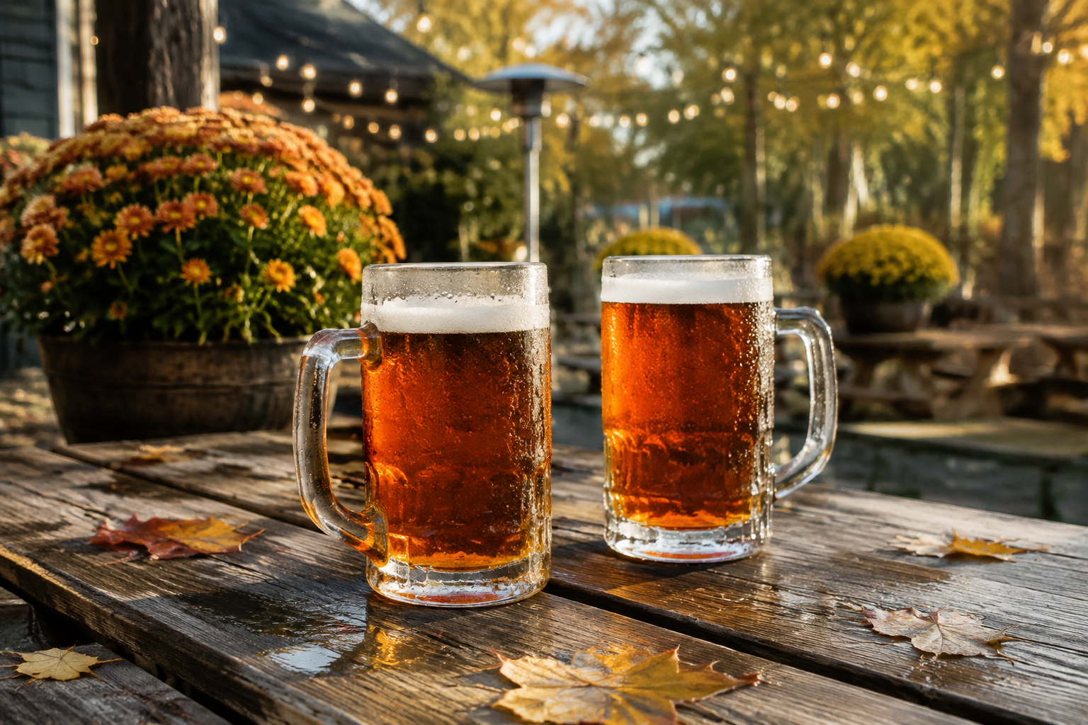 Two amber craft beers on a weathered picnic table on a brewery patio