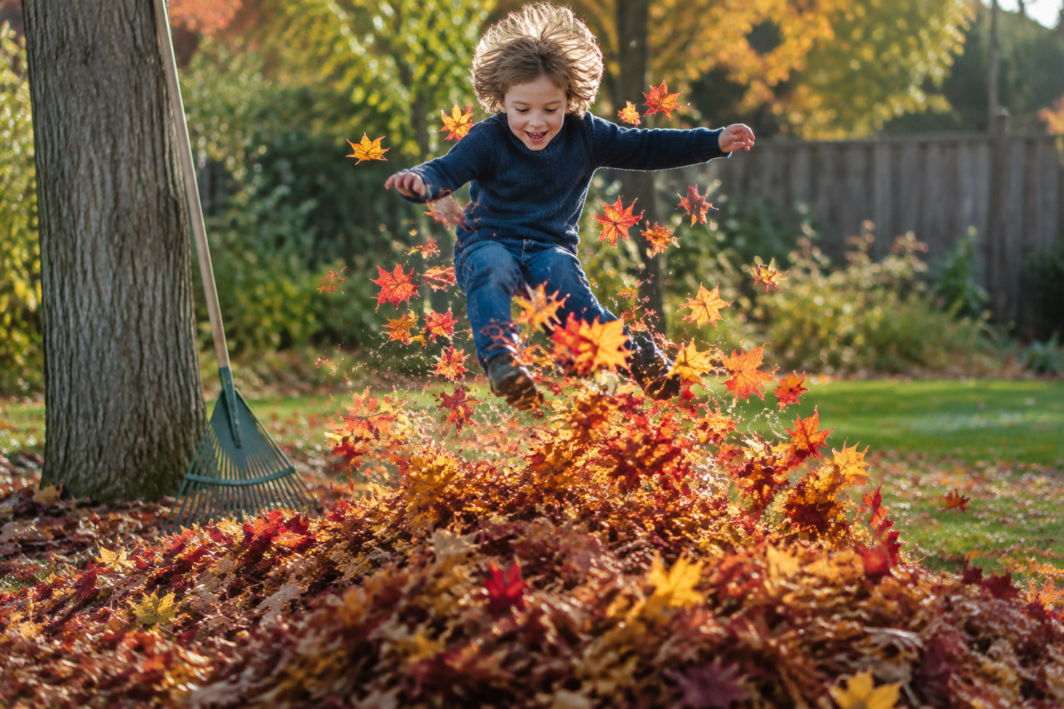 Child mid-jump into a huge pile of raked red and gold leaves in a backyard