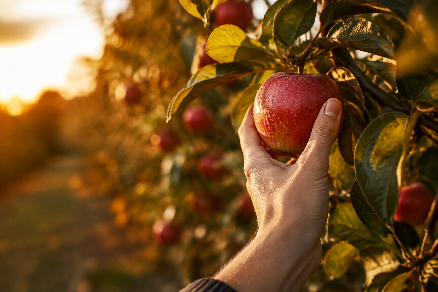 Hand picking a ripe red apple from a heritage orchard tree in golden morning light