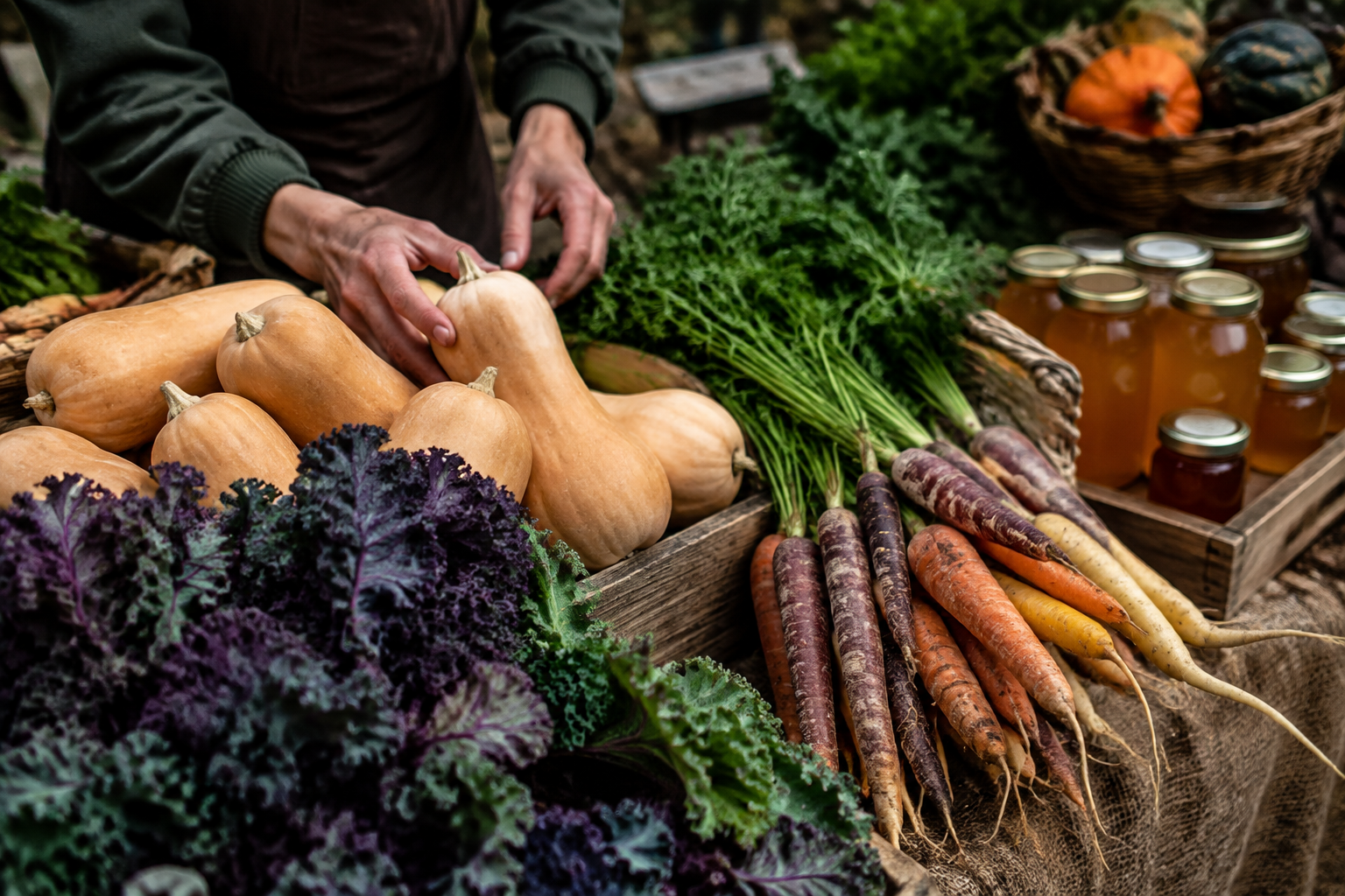 Farmers market stall overflowing with butternut squash, kale and jars of honey