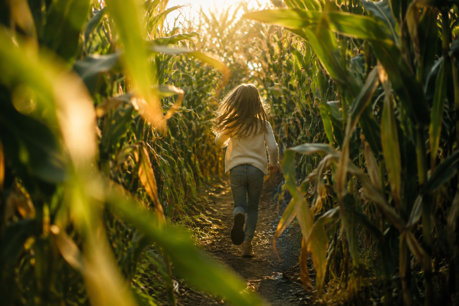 Child running through a tall gold and green corn maze in late afternoon light