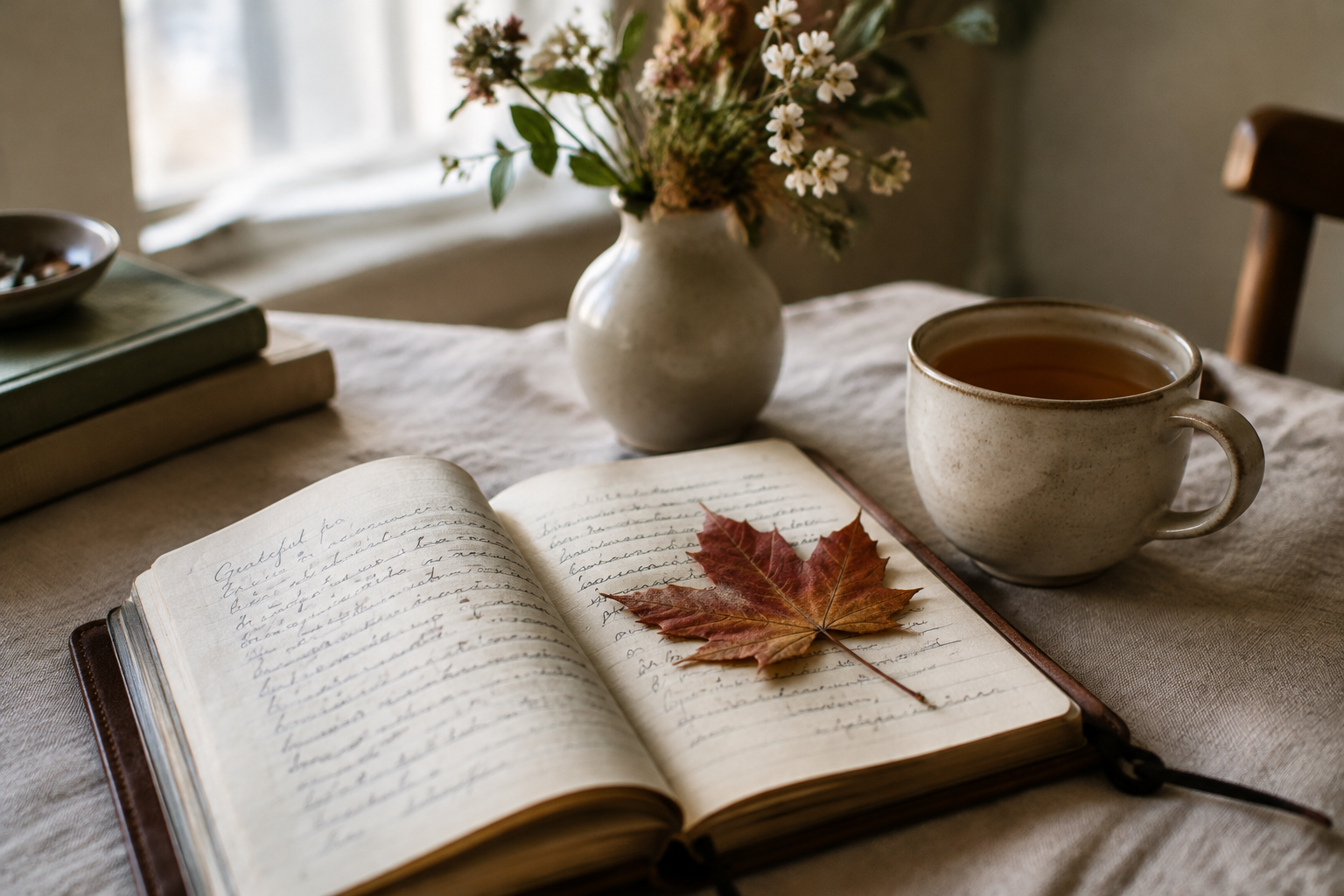 Open leather journal with handwritten gratitude entries and a pressed maple leaf