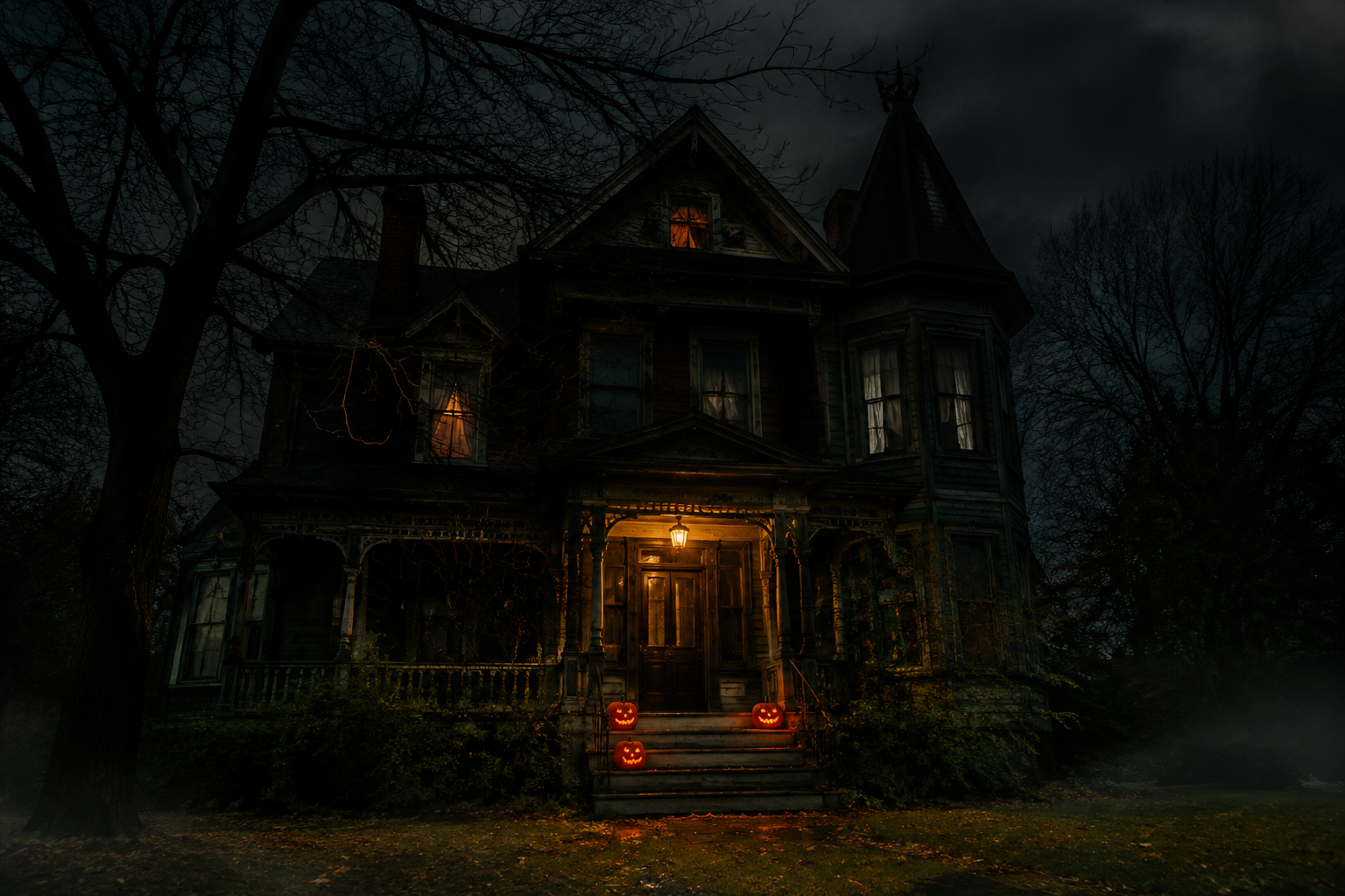 Old Victorian mansion at night lit by a single amber porch lamp and pumpkins