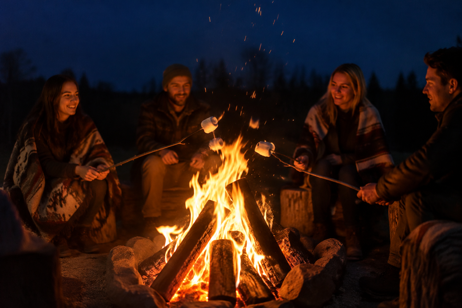 Crackling bonfire at night with marshmallows toasting on long sticks
