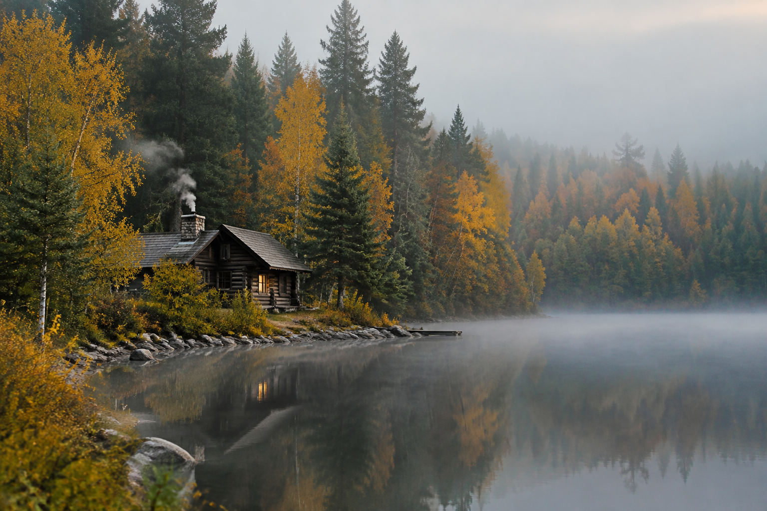 Small wooden log cabin beside a still misty lake surrounded by autumn forest