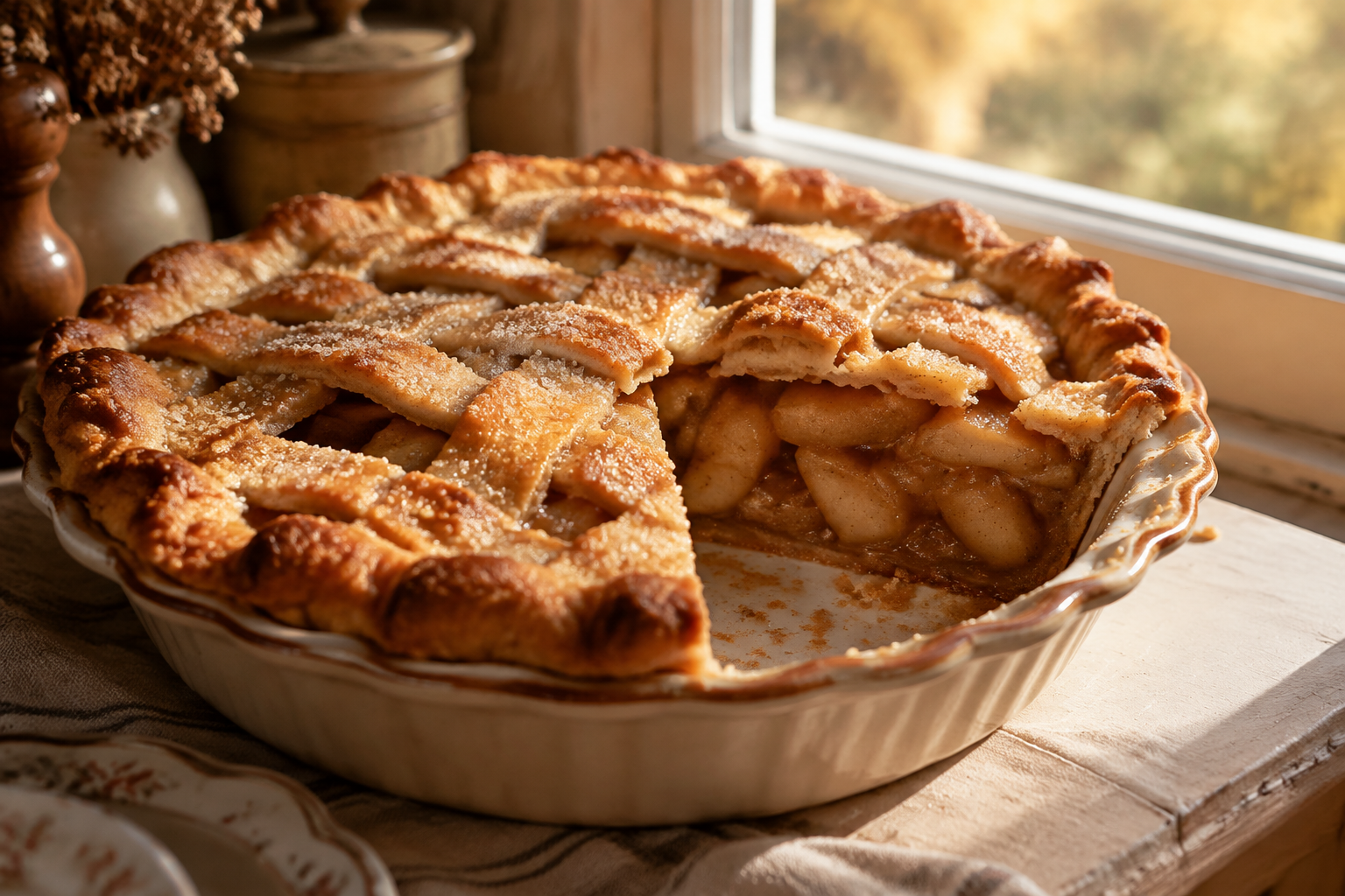 Golden lattice-top apple pie in a vintage dish on a sunny windowsill