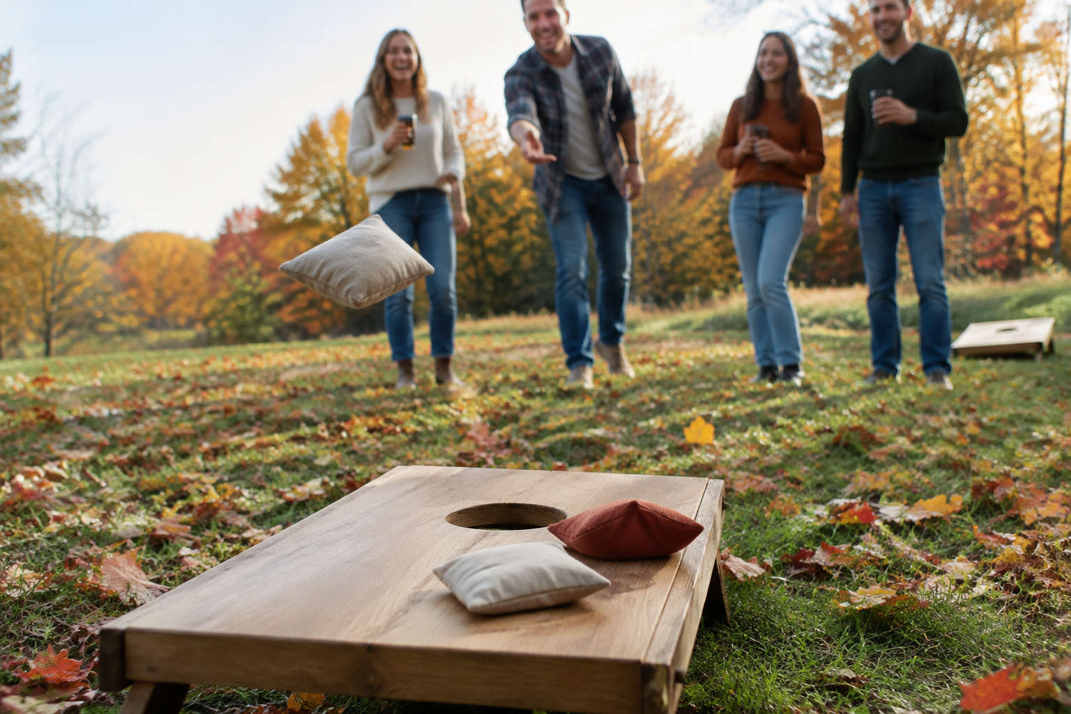 Wooden cornhole board with burlap bags on a leaf-strewn autumn lawn