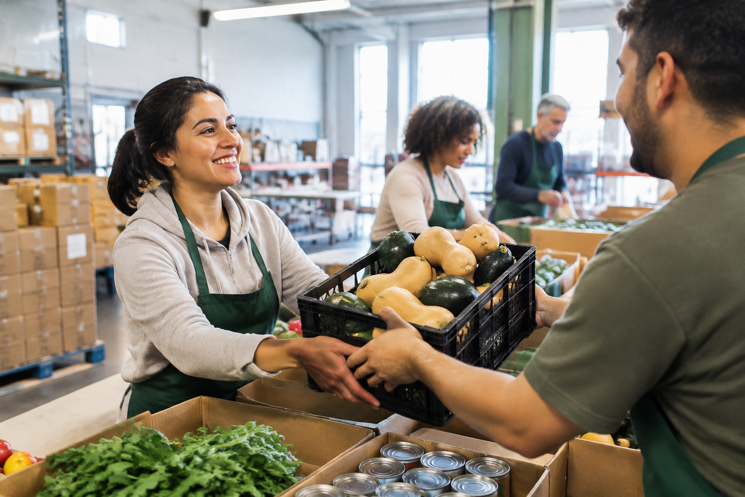 Volunteers packing boxes of fresh produce at a community food bank