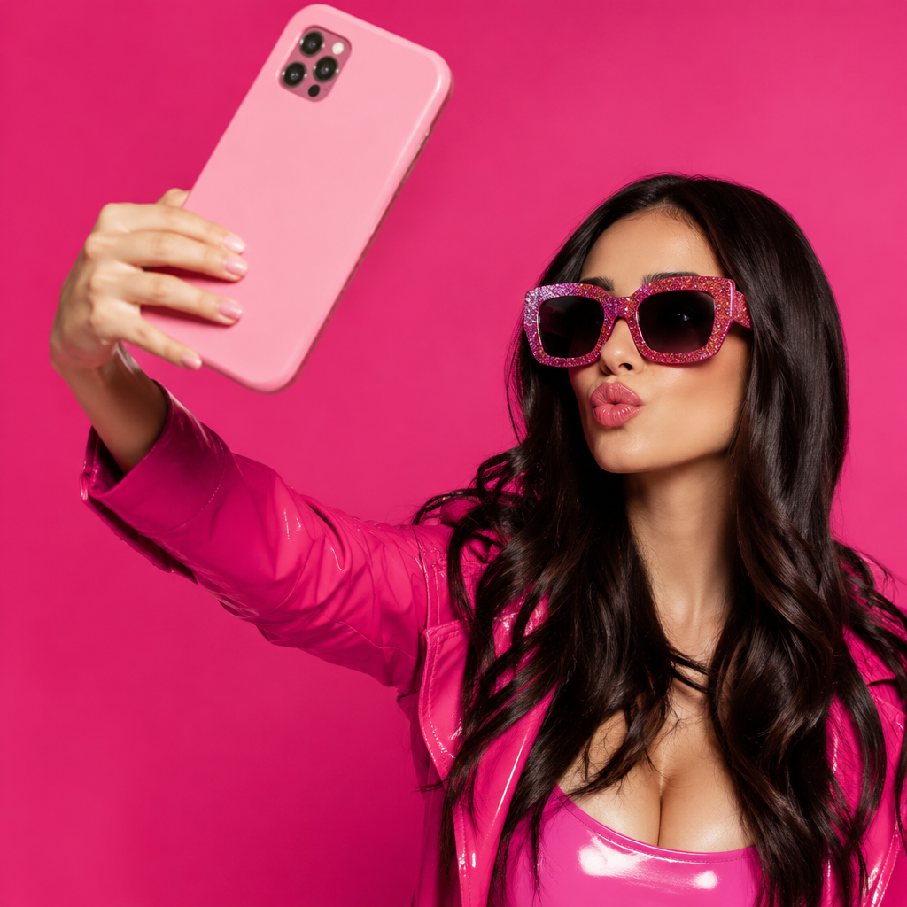 La Selfie lotería costume idea with a hot pink outfit, oversized phone prop and glitter sunglasses