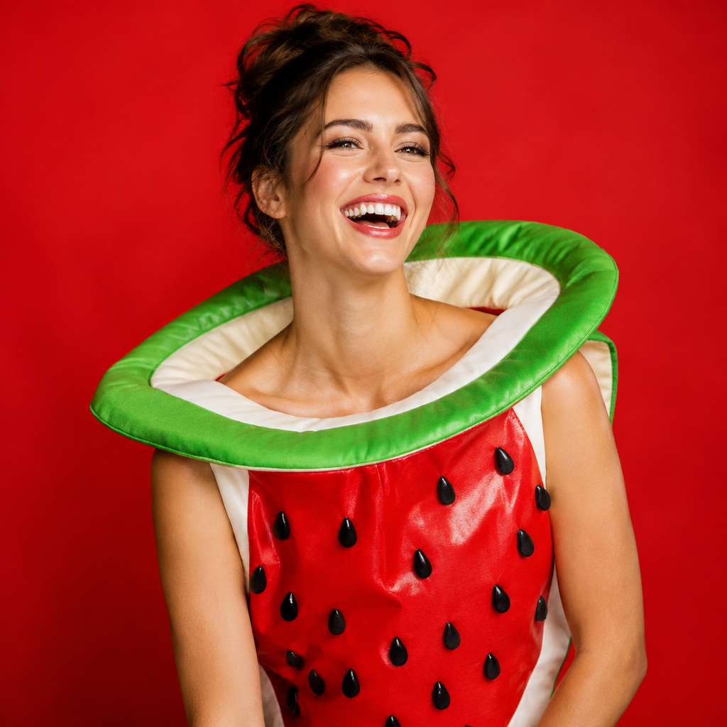 La Sandía lotería costume idea with a layered watermelon slice costume