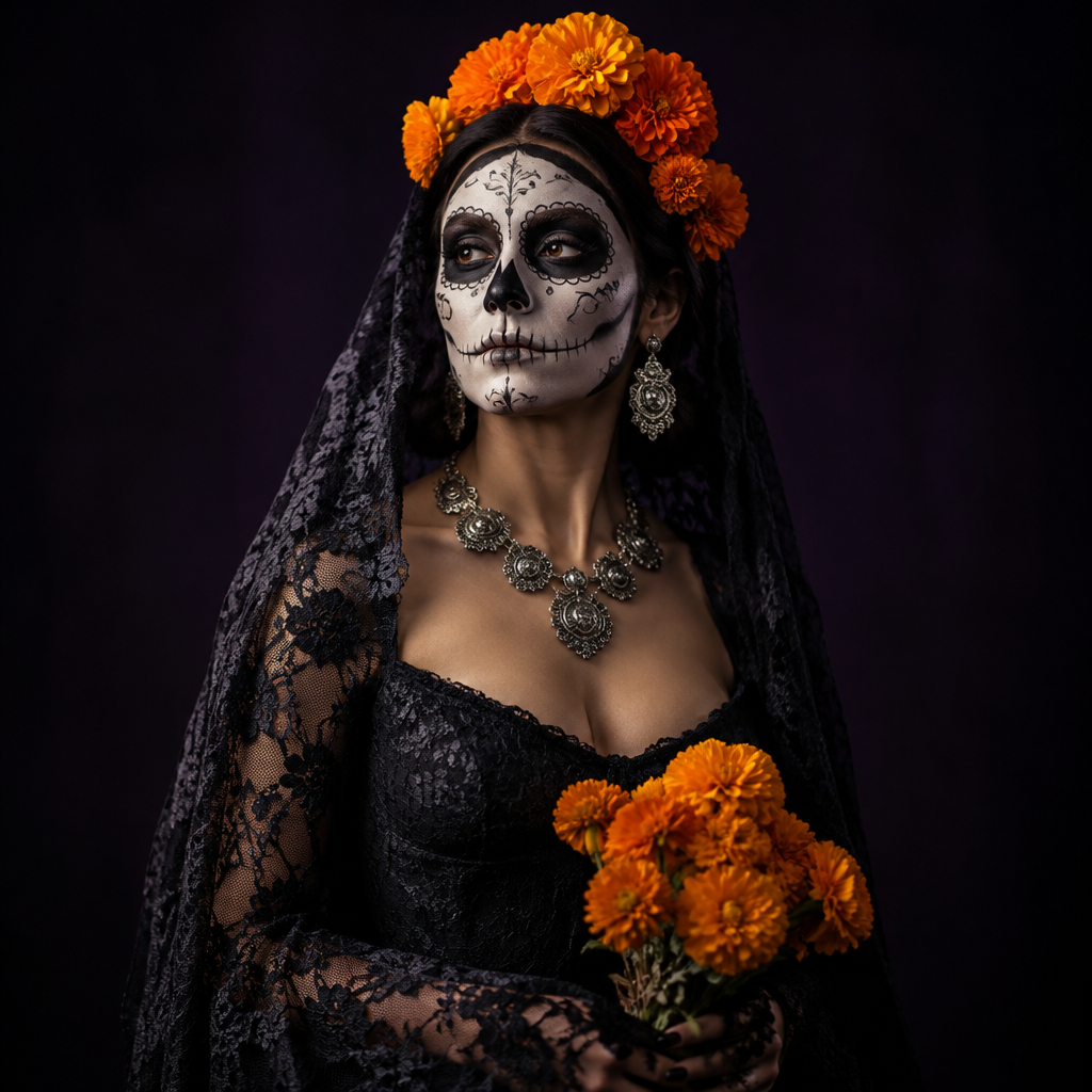 La Muerte lotería costume idea with sugar skull makeup, black lace and marigolds