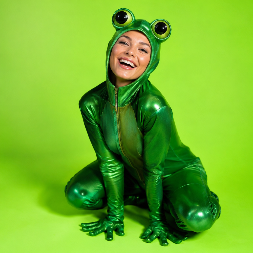 La Rana lotería costume idea with a green frog hoodie and round eyes