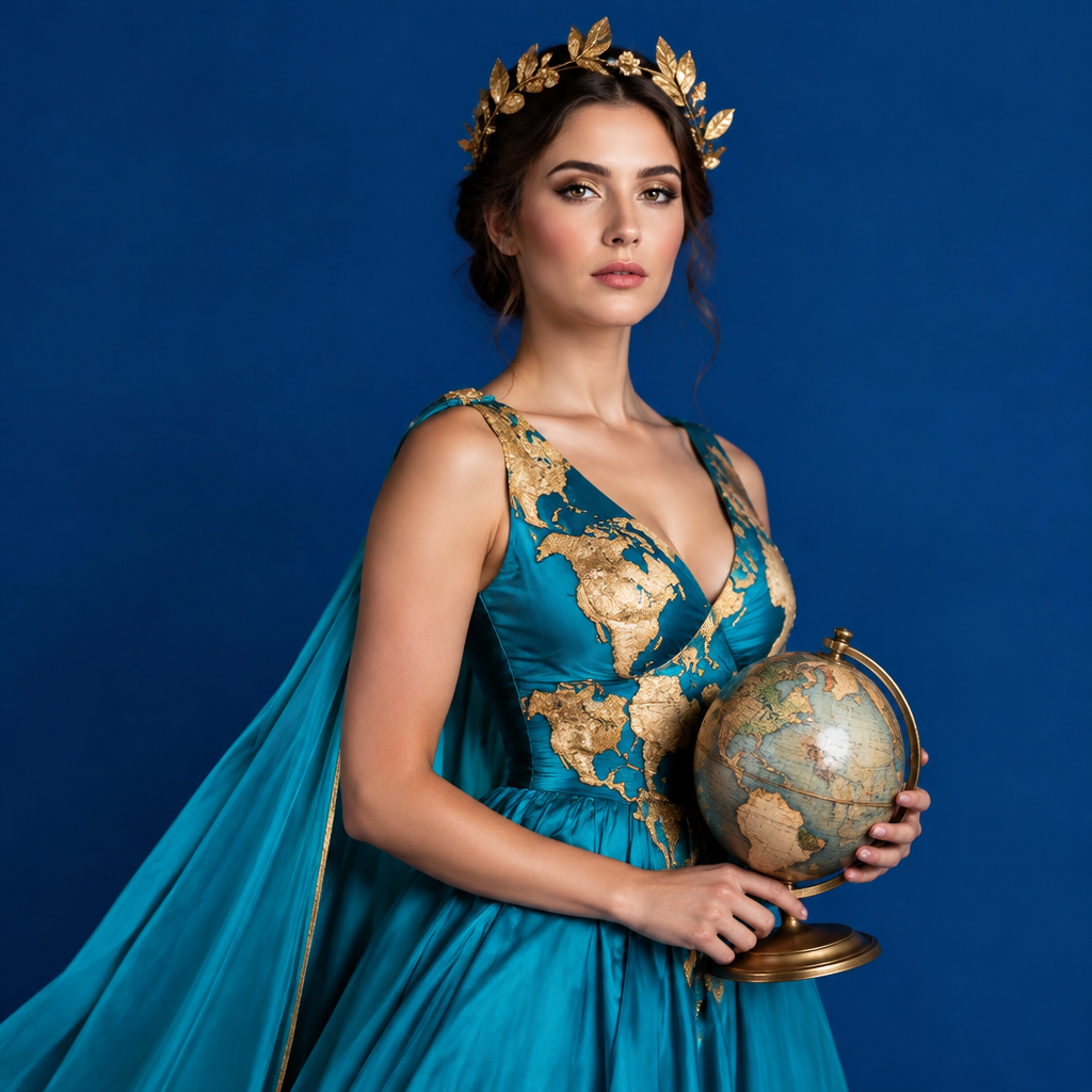 El Mundo lotería costume idea with a turquoise and gold gown and a small globe
