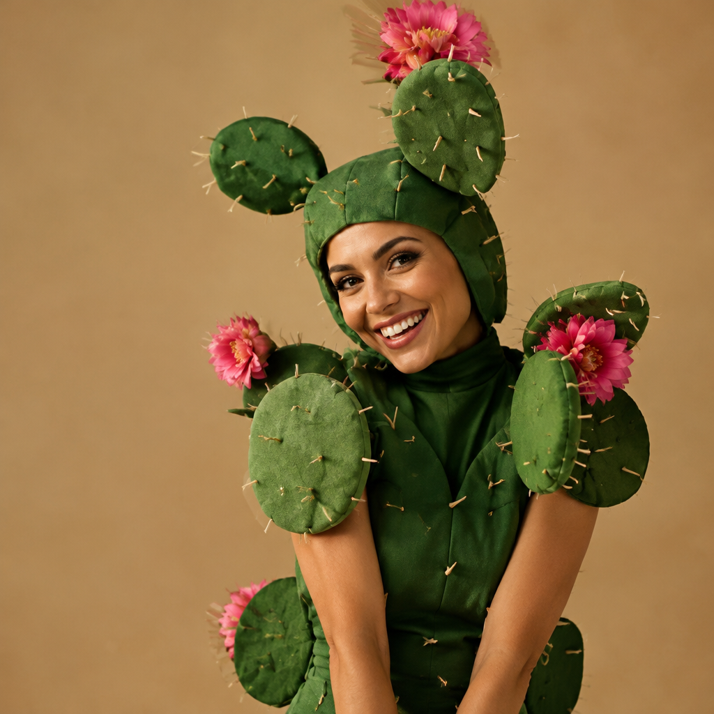 El Nopal lotería costume idea with green cactus pads and pink tissue blooms