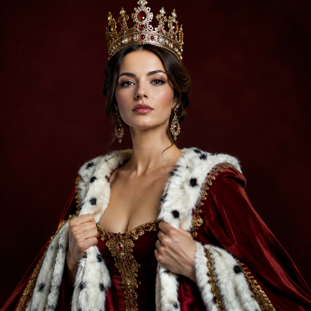 La Corona lotería costume idea with a tall gold crown and red velvet cape