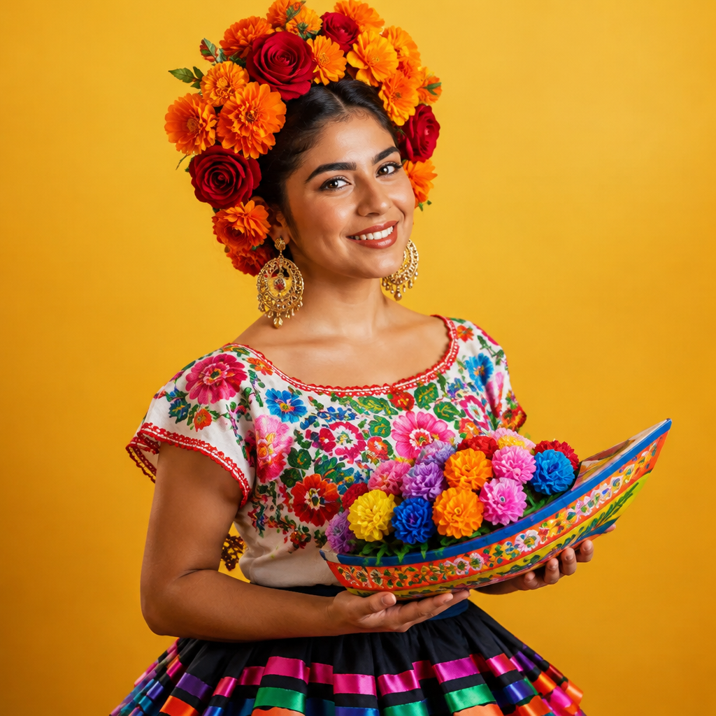 La Chalupa lotería costume idea with an embroidered blouse, flower crown and small boat