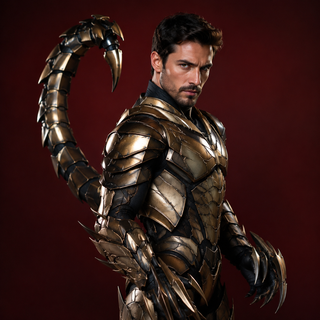 El Alacrán lotería costume idea with bronze armor and a curved scorpion tail