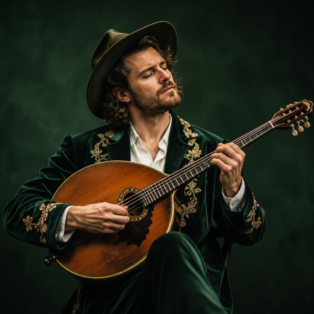El Bandolón lotería costume idea with green velvet and a round-backed mandolin