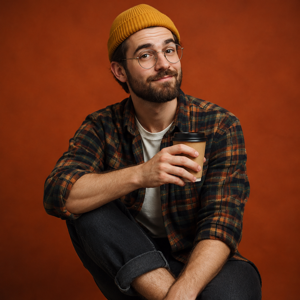 El Hipster lotería costume idea with a flannel shirt, beanie, round glasses and coffee cup