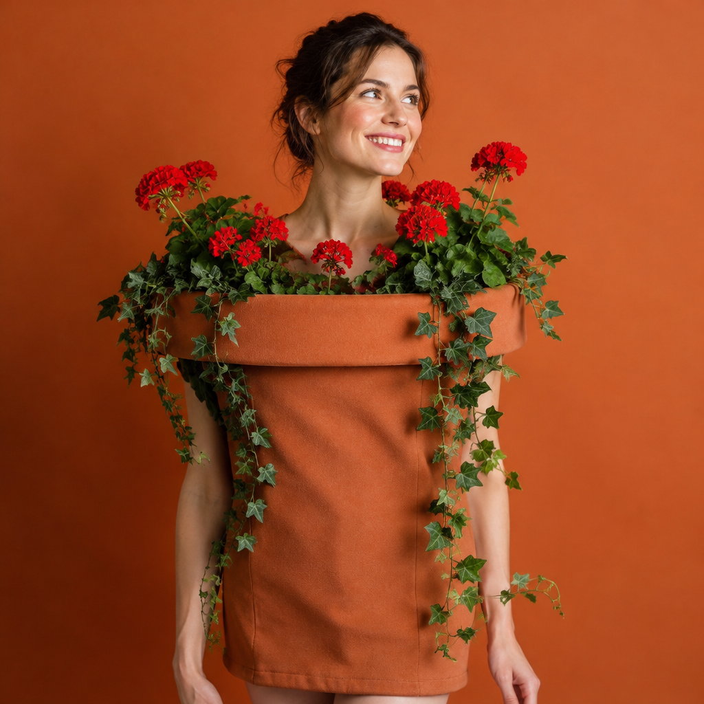 La Maceta lotería costume idea with a terracotta flowerpot tunic and geraniums