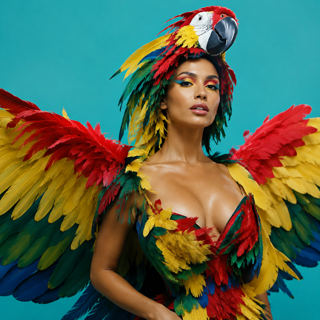El Cotorro lotería costume idea with layered red, yellow and green parrot feathers