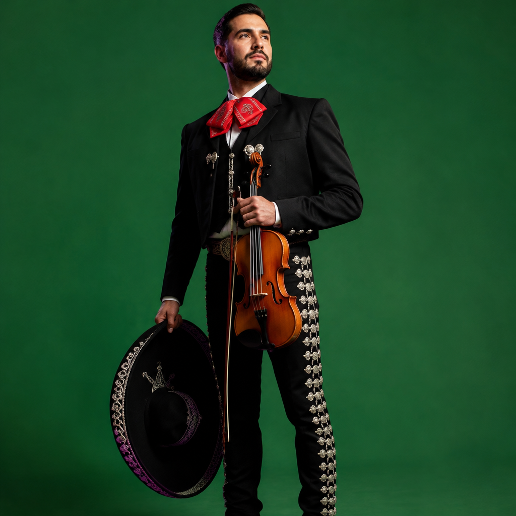 El Músico lotería costume idea with a black charro suit, red bow tie and violin