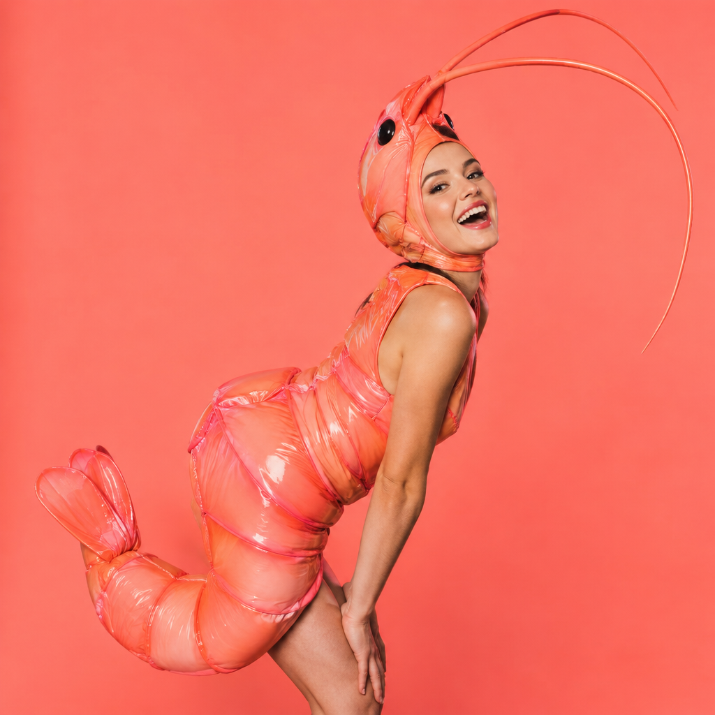 El Camarón lotería costume idea with a coral pink shrimp costume and curled tail