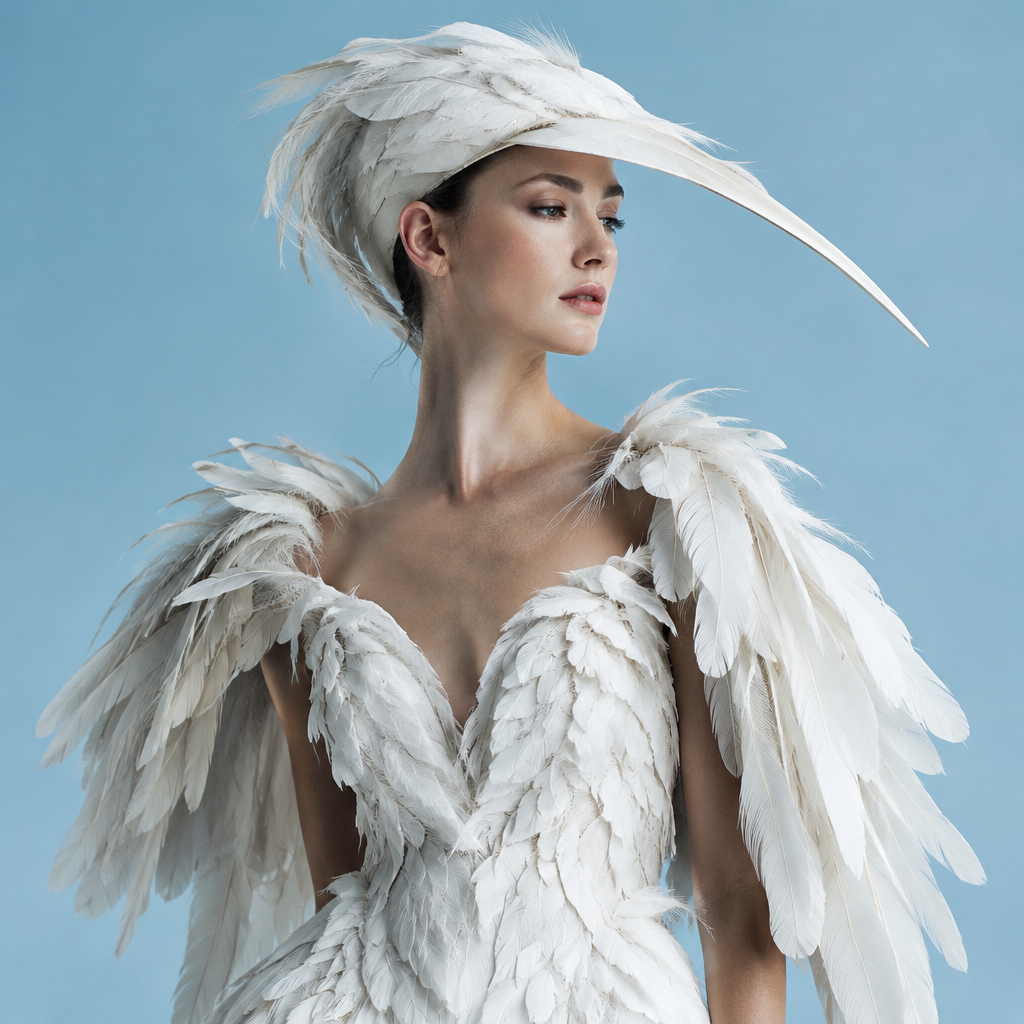 La Garza lotería costume idea with white feather wings, ivory dress and long beak headpiece