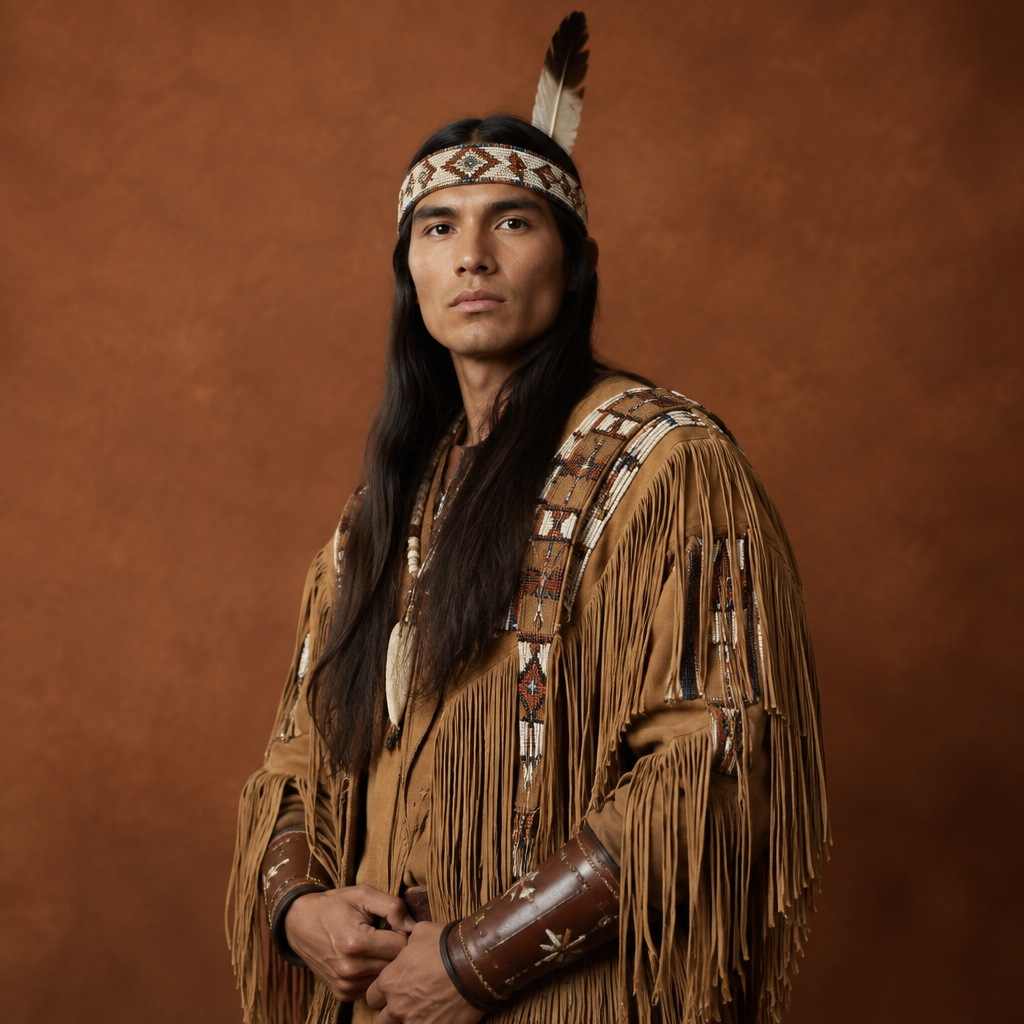 El Apache lotería costume idea with a long fringed suede jacket, beadwork and feather headband
