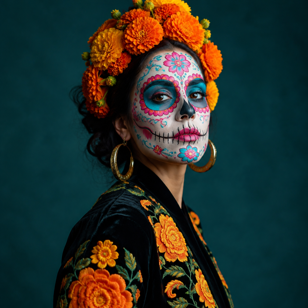 La Calavera lotería costume idea with sugar skull makeup, embroidered velvet and marigold crown