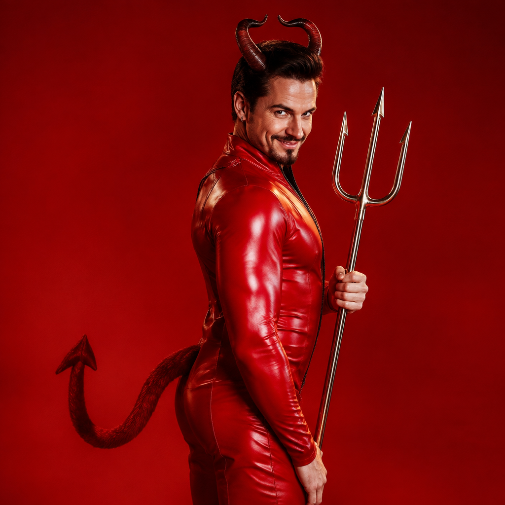 El Diablito lotería costume idea with a glossy red jumpsuit, horns and a pitchfork