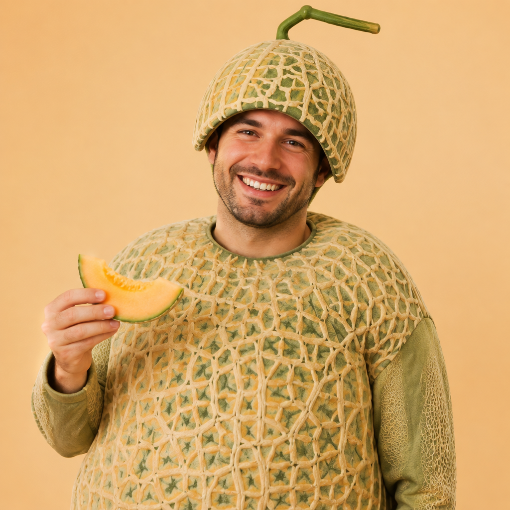 El Melón lotería costume idea with a netted melon rind costume and stem hat