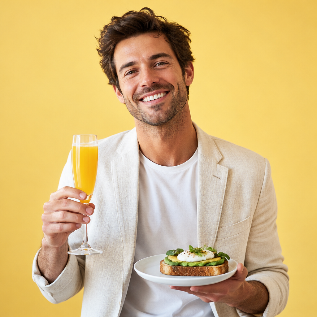El Brunch lotería costume idea with a linen blazer, mimosa and avocado toast
