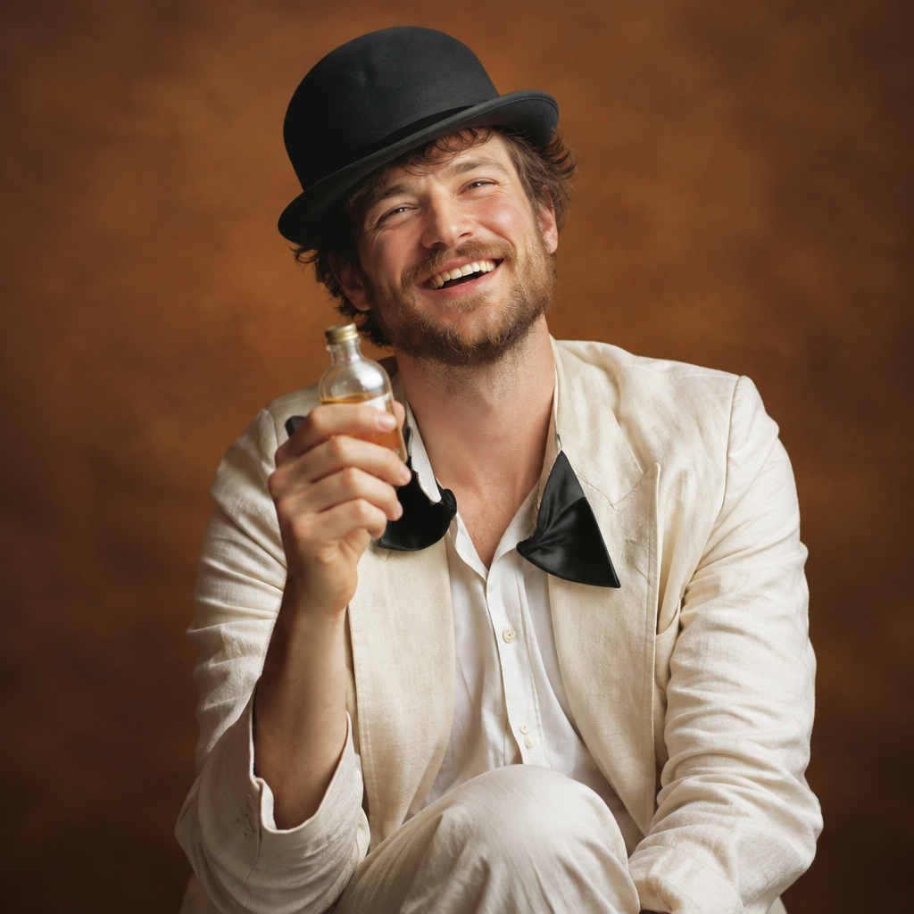 El Borracho lotería costume idea with a rumpled linen suit, bowler hat and bottle