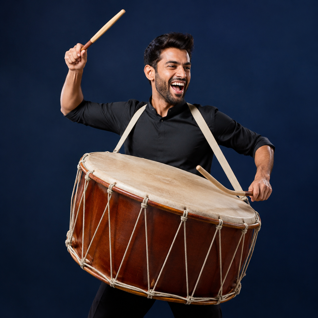 El Tambor lotería costume idea with a cylindrical drum costume and drumsticks