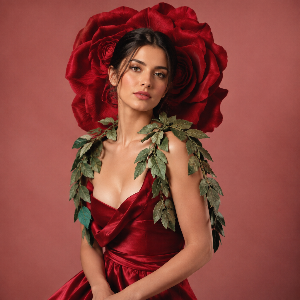 La Rosa lotería costume idea with a crimson gown and giant sculptural rose headpiece