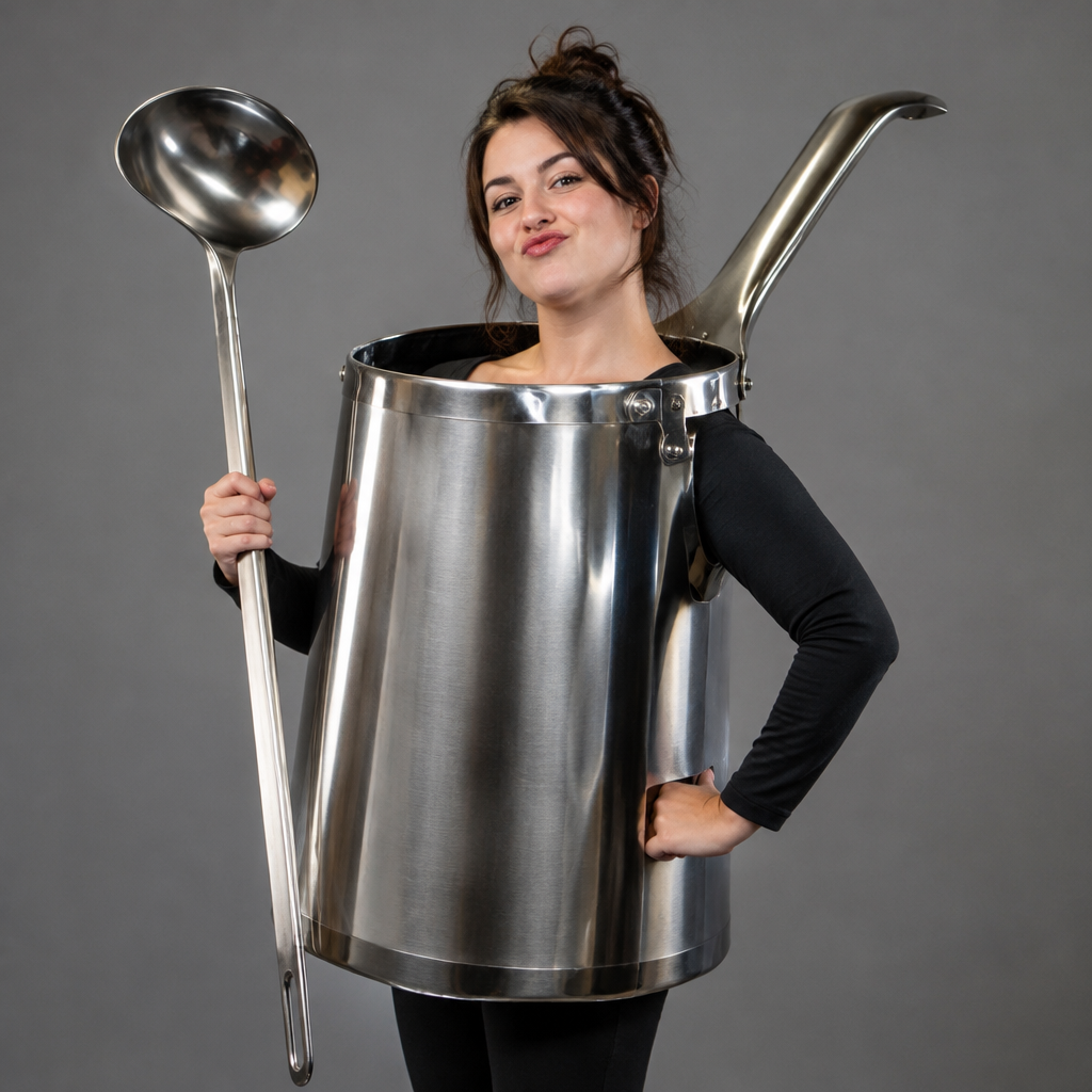El Cazo lotería costume idea with a polished saucepan costume and giant ladle