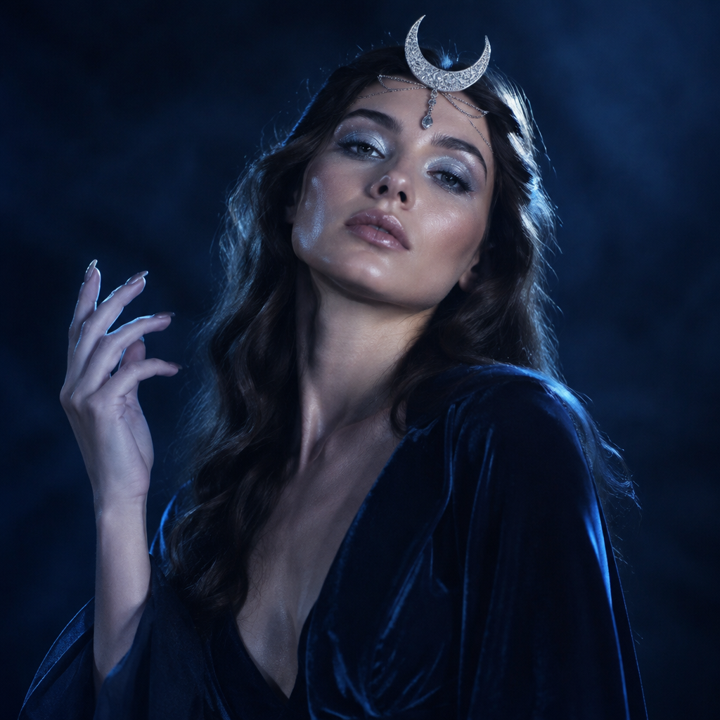 La Luna lotería costume idea with a midnight blue velvet gown and silver crescent headpiece