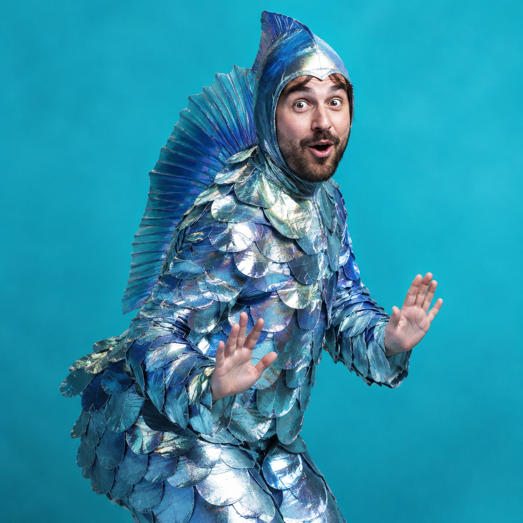 El Pescado lotería costume idea with iridescent scales and a tall dorsal fin