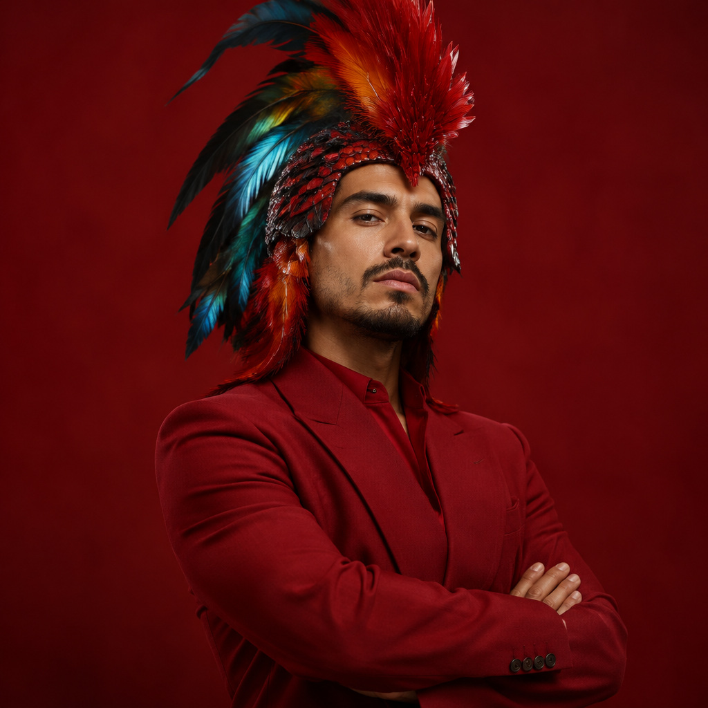 El Gallo lotería costume idea with a red suit and iridescent rooster feather crest