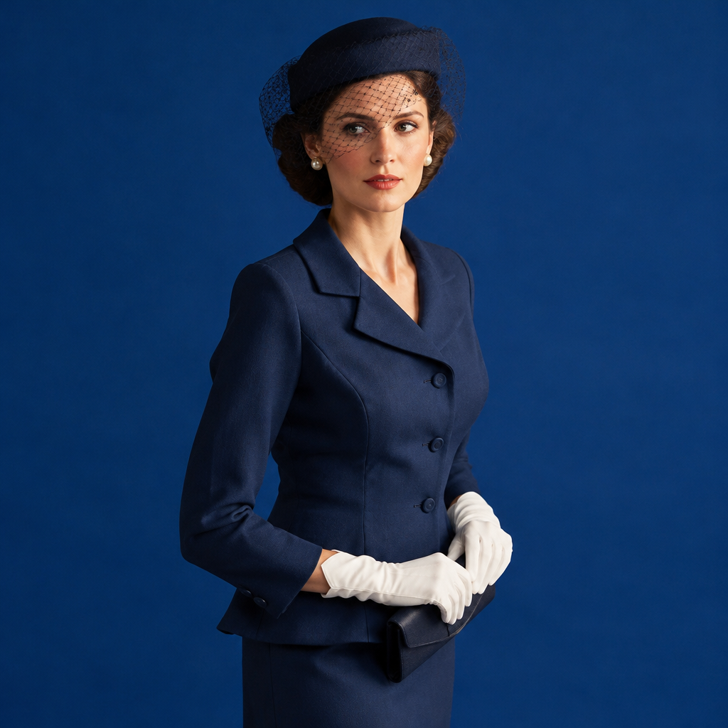 La Dama lotería costume idea with a navy 1940s suit, pillbox hat and short veil