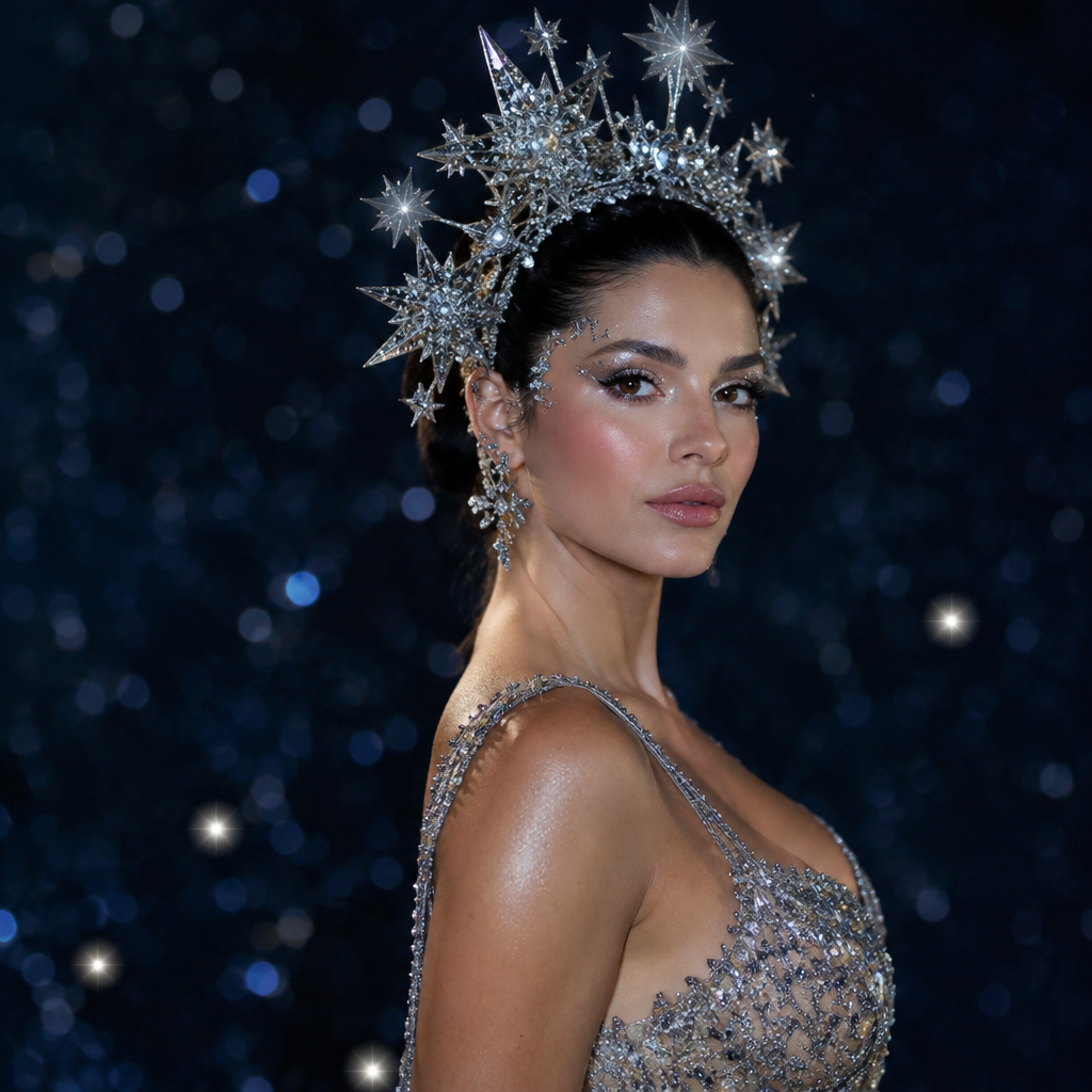 La Estrella lotería costume idea with a silver beaded gown and crystal star headdress