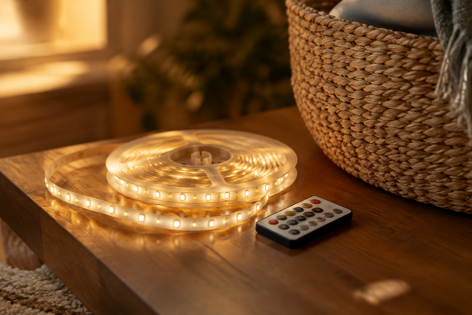 Coiled spool of warm white LED strip lights with remote control glowing softly