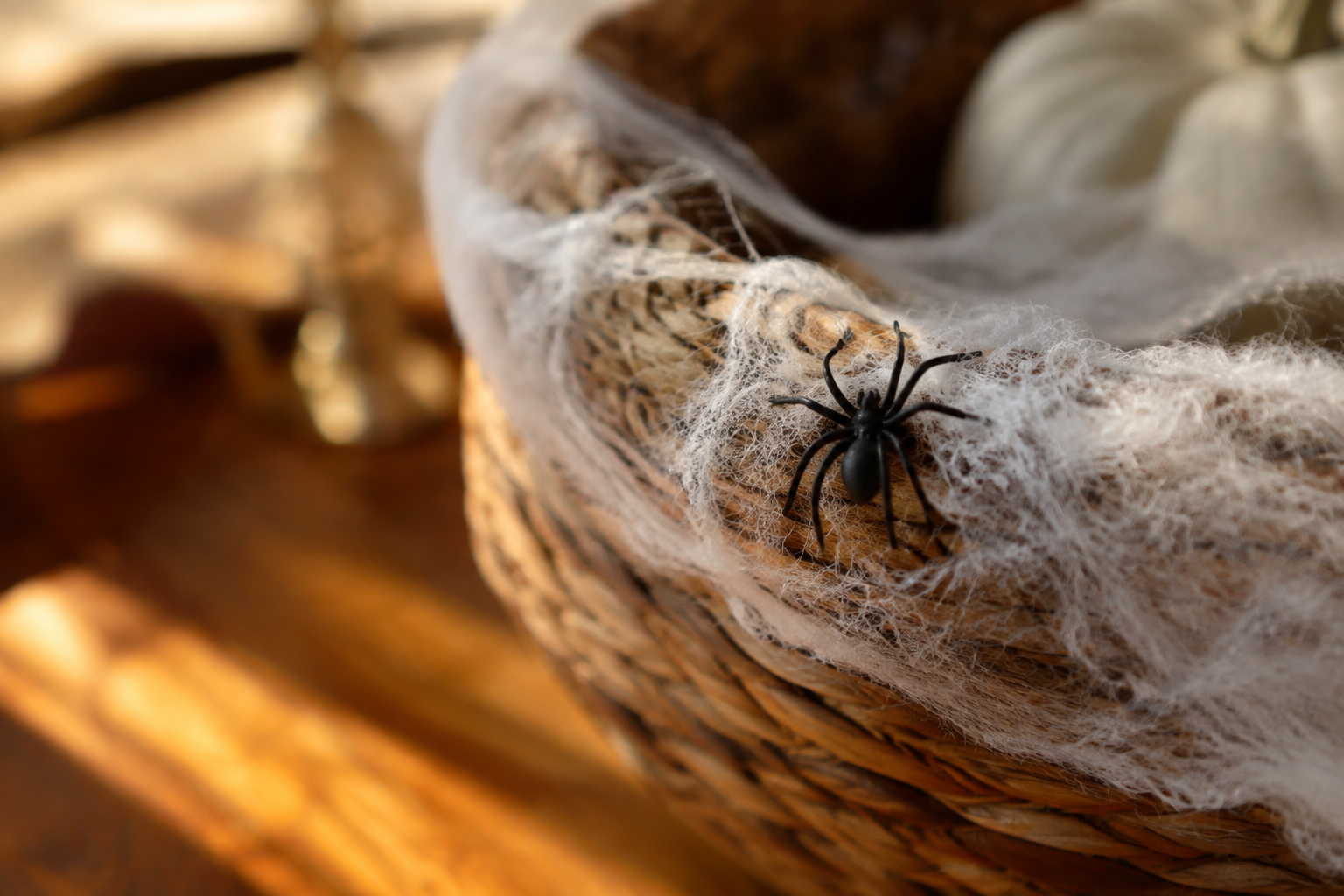 White faux spider webbing stretched over a wicker basket rim with a small black spider
