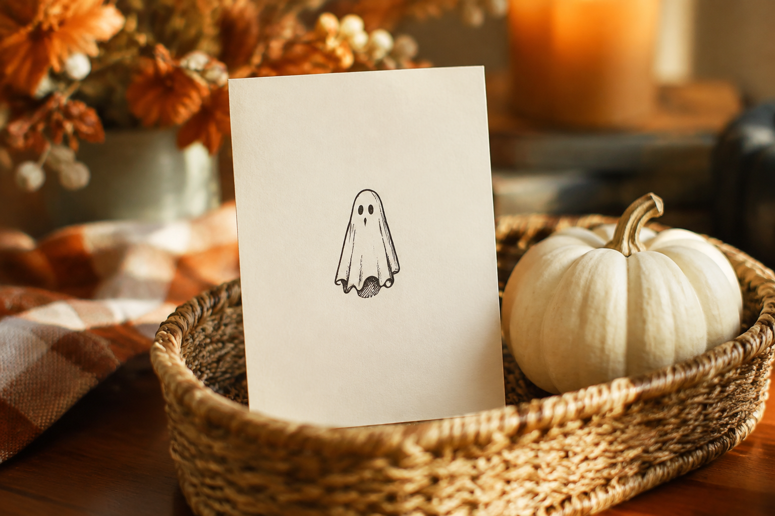 Cream card with a hand drawn ghost illustration standing in a basket with a mini pumpkin